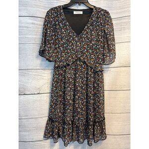 Manydress V Neck Chiffon 3/4 Ruffle Bell Sleeve Dress Size M